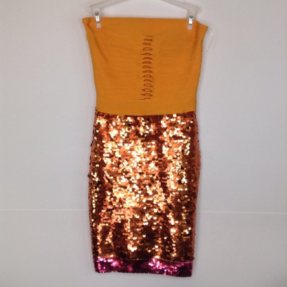 Celeb Boutique Bandage Dress Women Size Small Orange Pink Sequin Strapless Zip